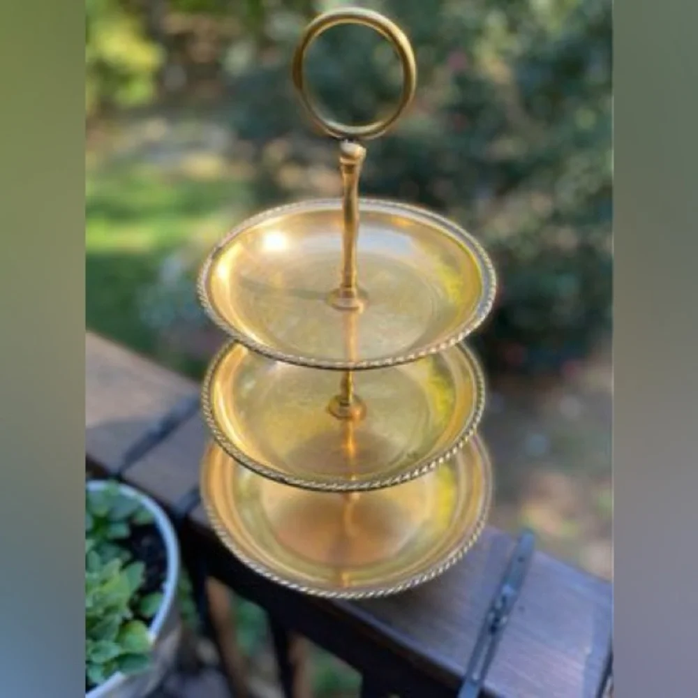 Vintage Brass 3 Tier Pastry Fruit Plate Serving  Dessert Holder Made In Designco